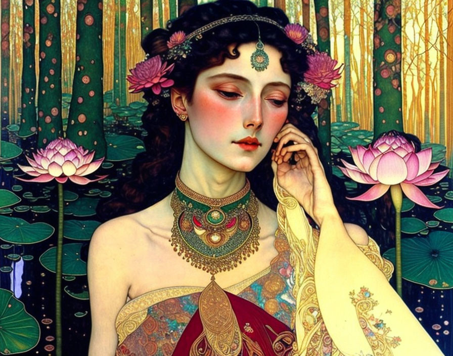 Detailed painting of pensive woman with intricate jewelry and floral accents surrounded by stylized lotus flowers.