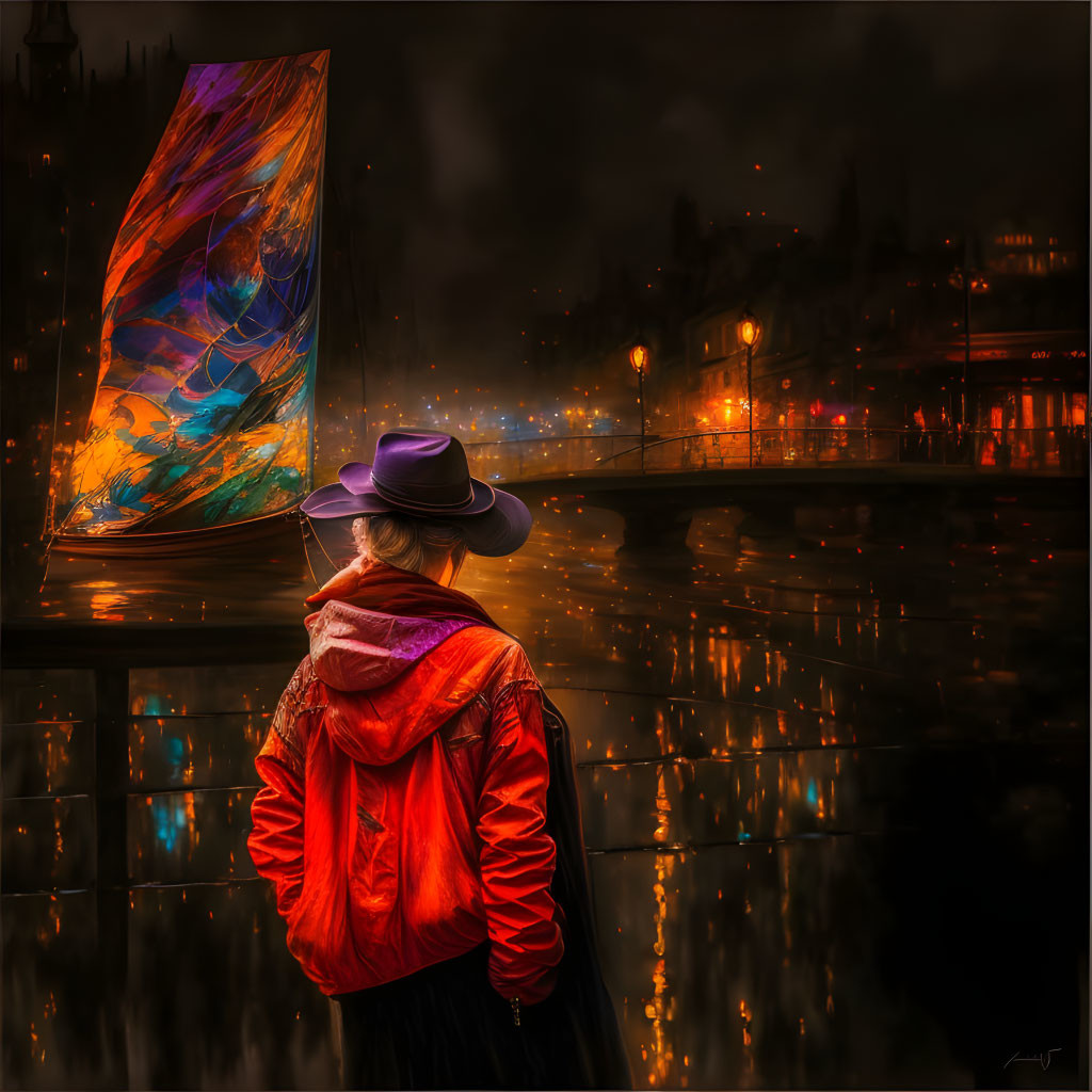 Person in Red Jacket and Hat by Colorful Sailboat at Night