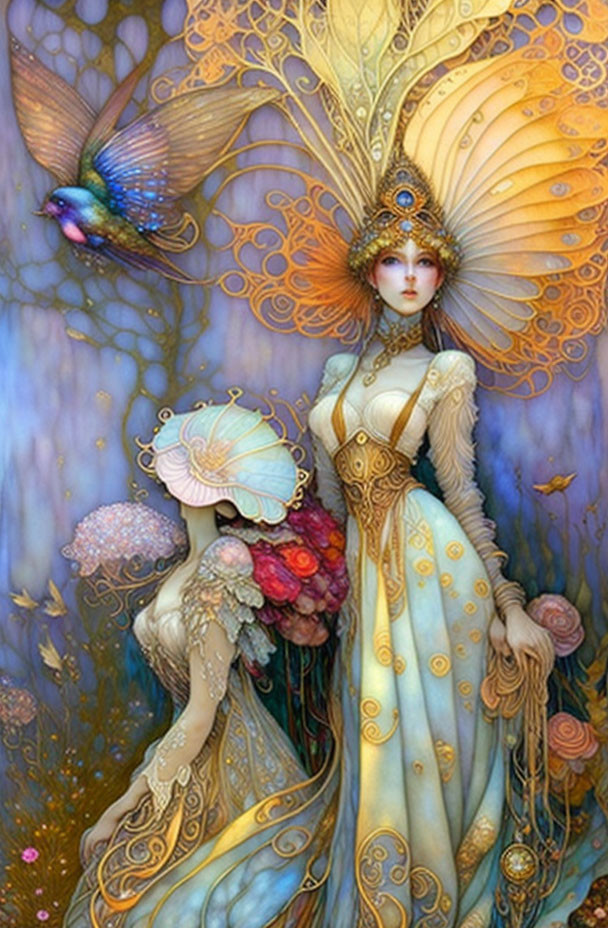 Ethereal woman in golden attire with fan, mystical flora, vibrant bird.