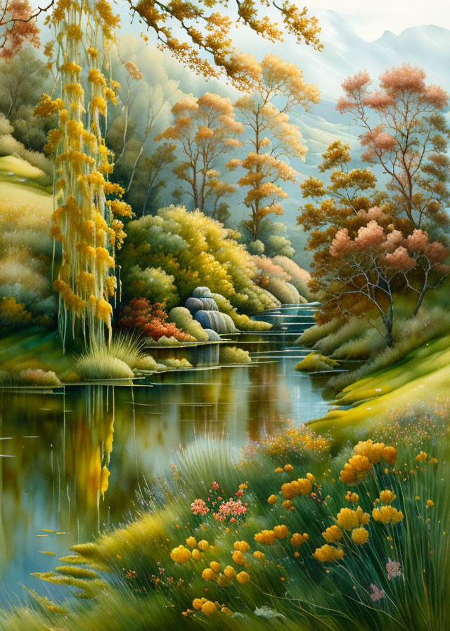 Tranquil stream flowing through autumn landscape