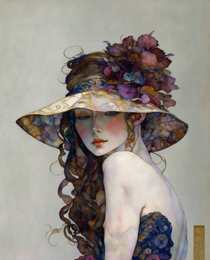 Woman with Flowery Hat and Intricate Designs in Muted Colors