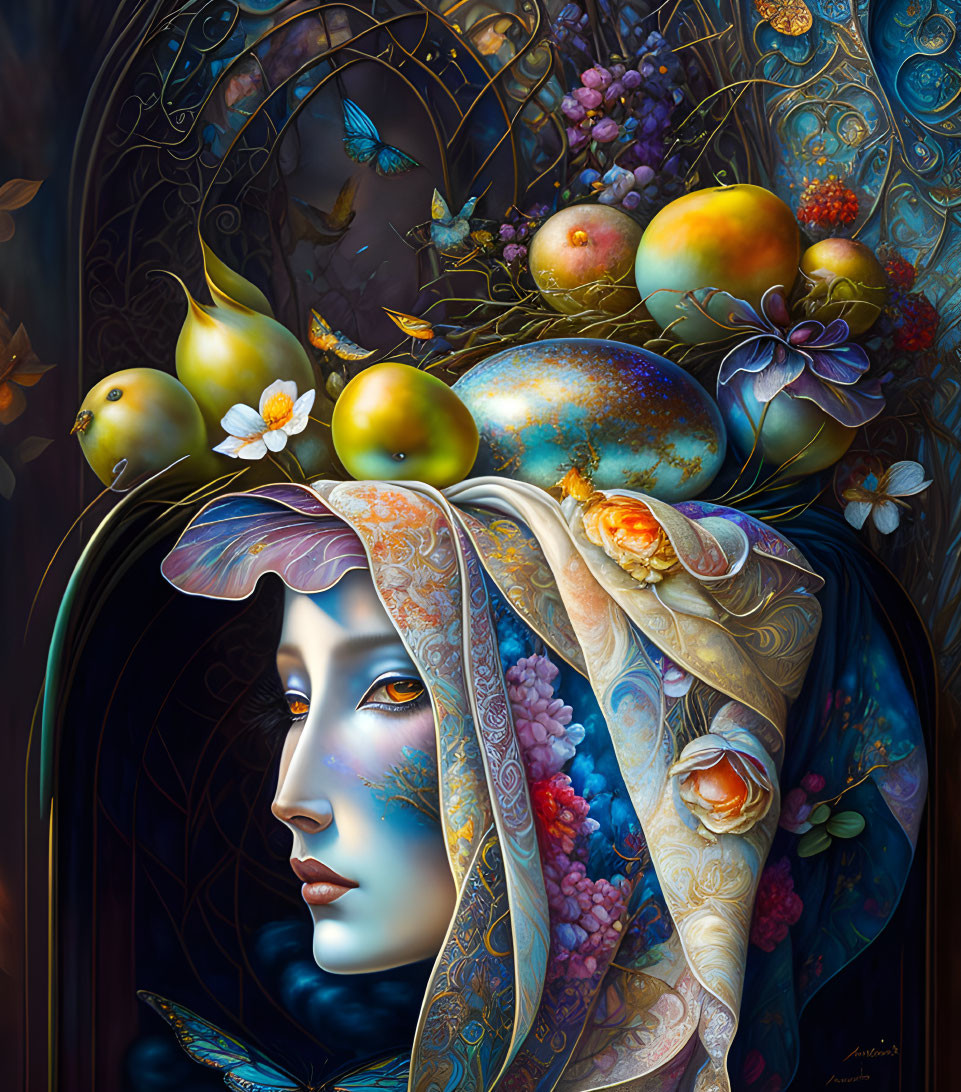 Detailed artwork: Woman with colorful shawl, fruits, flowers, bird against gothic window.