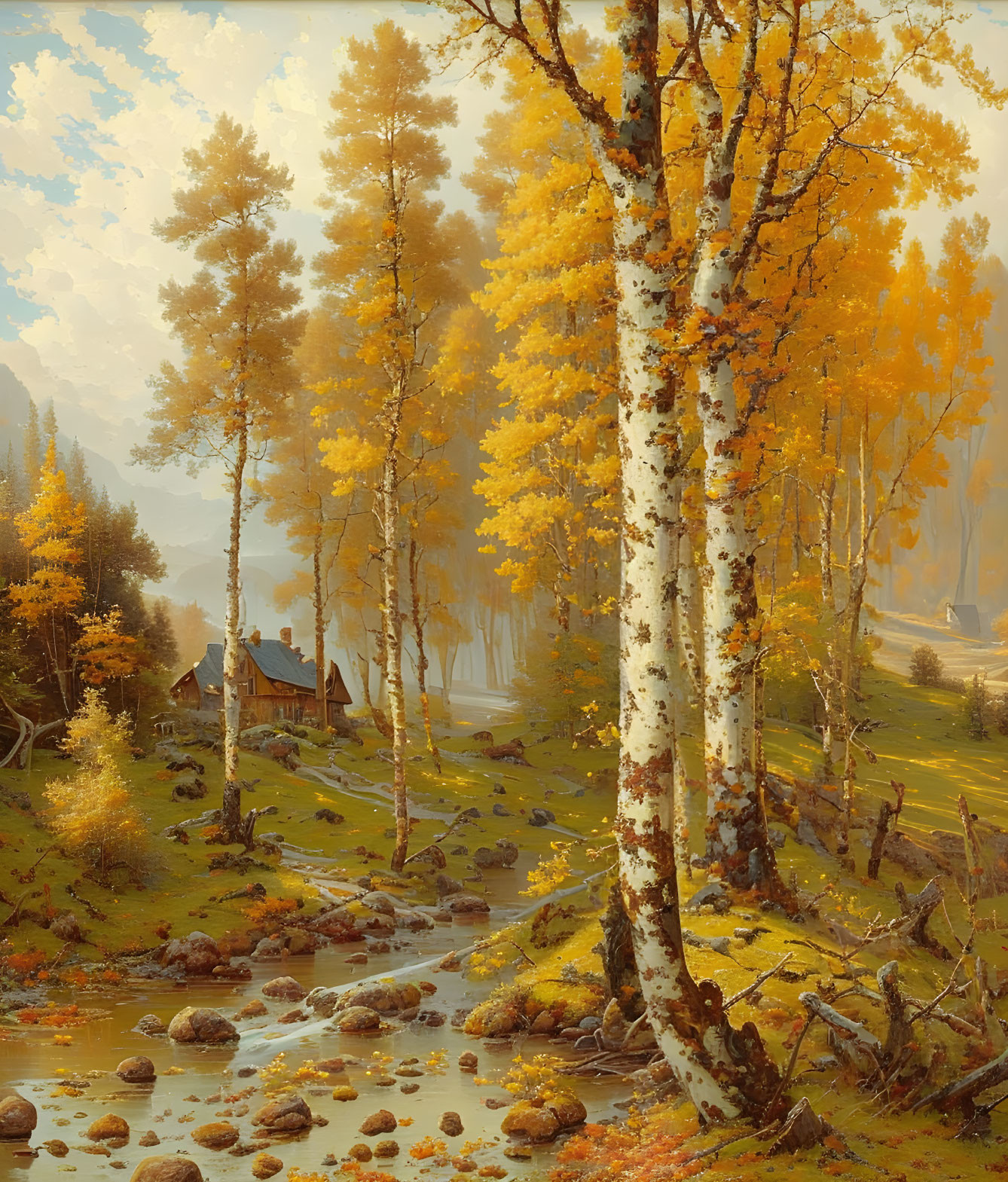 Golden Autumn Forest Scene with Wooden Cabin by Stream