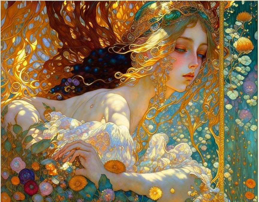 Ethereal woman with flowing hair and jewels in intricate painting
