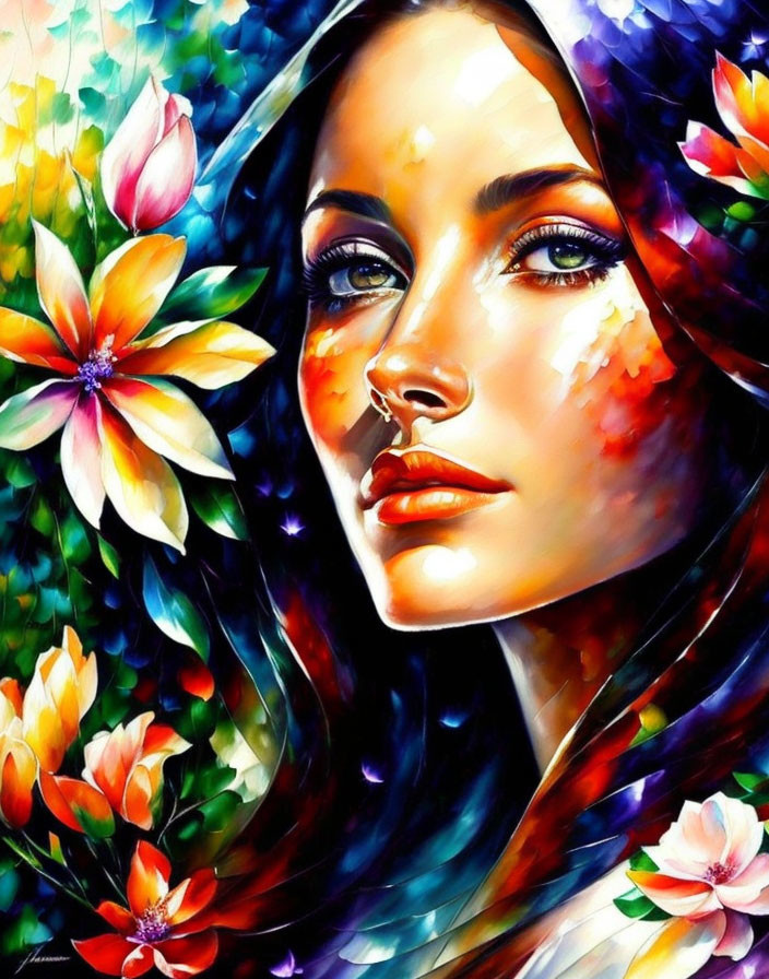 Vibrant woman's face with floral elements on multicolored backdrop