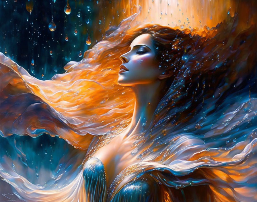 Vibrant painting: Woman with orange hair in blue attire against fiery backdrop