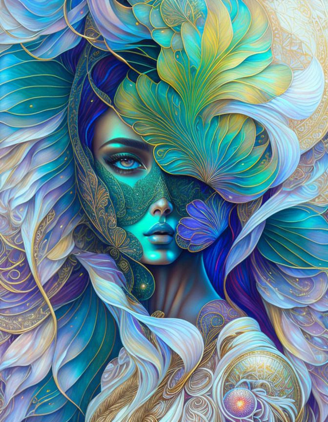 Colorful digital artwork: Woman's face with peacock feather motifs