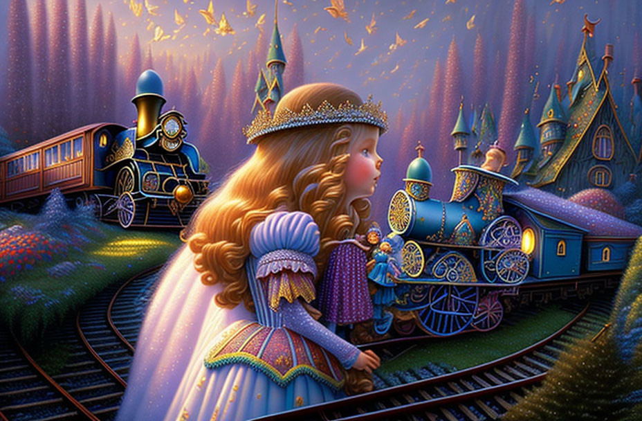 Young girl in fancy dress watches magical train in whimsical kingdom at dusk