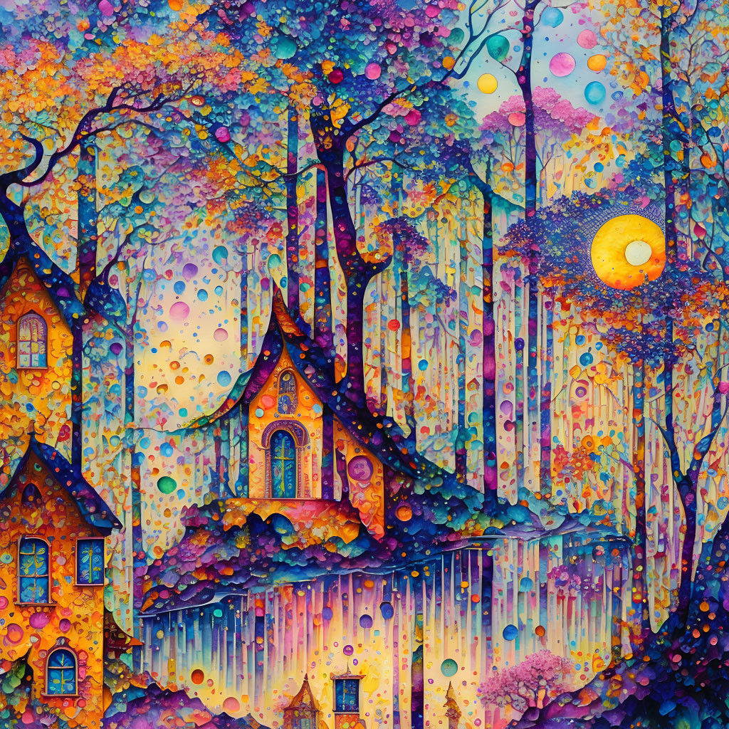 Colorful forest and whimsical houses under orange moon in starry sky