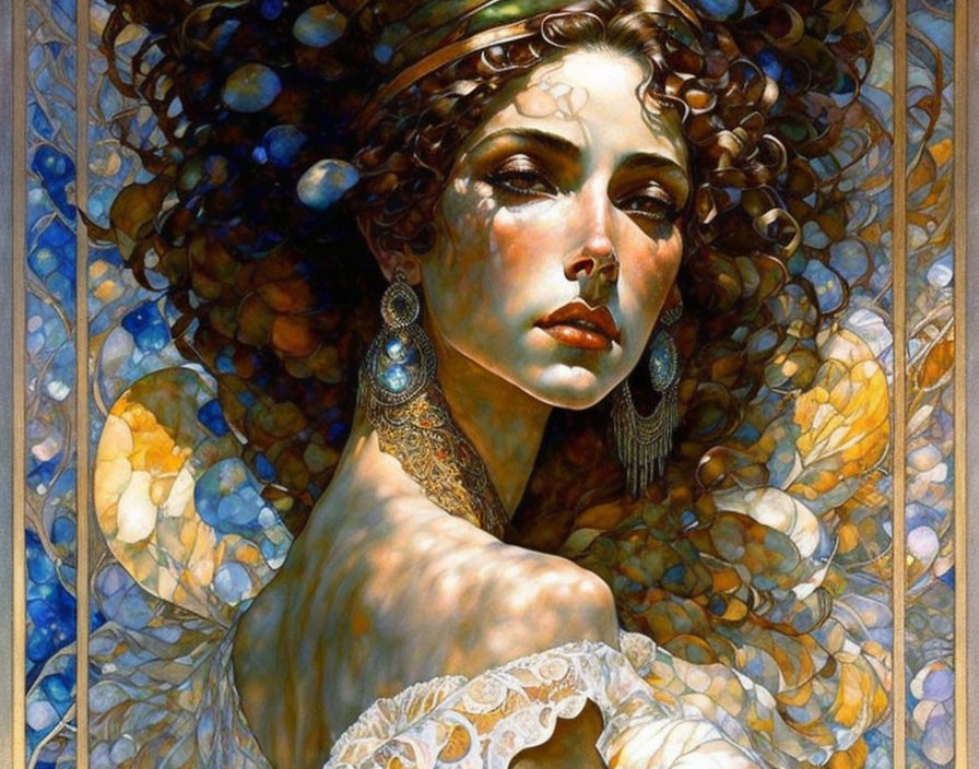 Detailed portrait of woman with curly hair and jewelry against mosaic backdrop