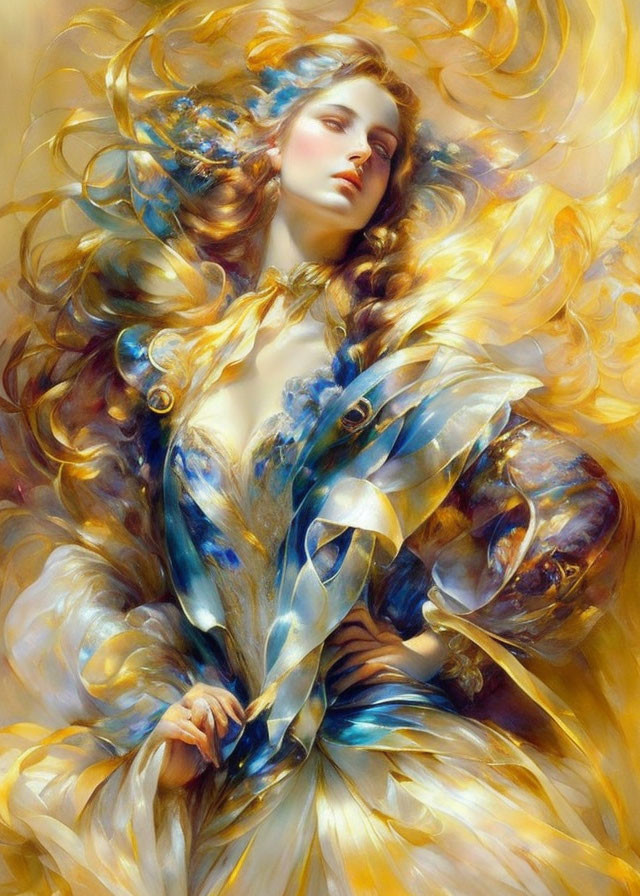Woman in Gold and Blue Hues: Surreal and Ethereal Portrait