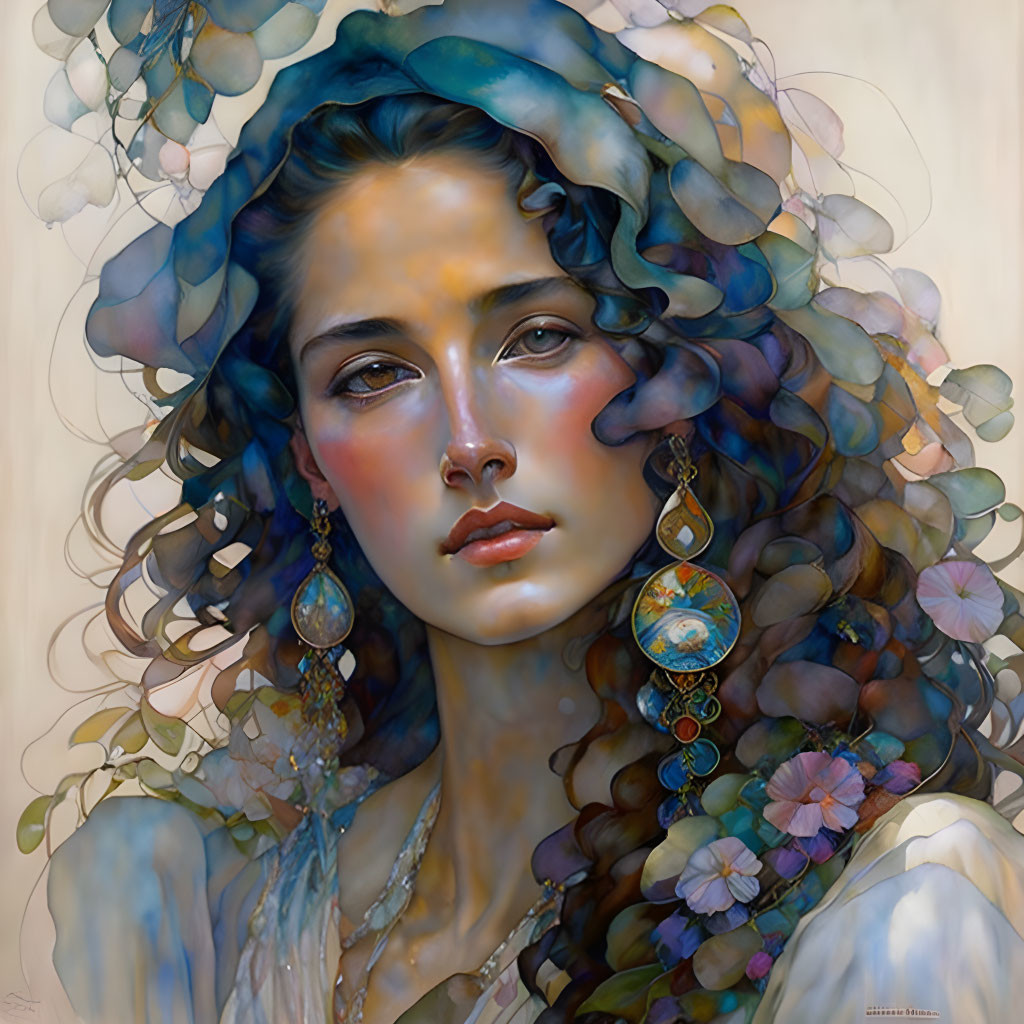 Woman portrait with intricate jewelry and floral hair decor in a blend of realism and fantasy