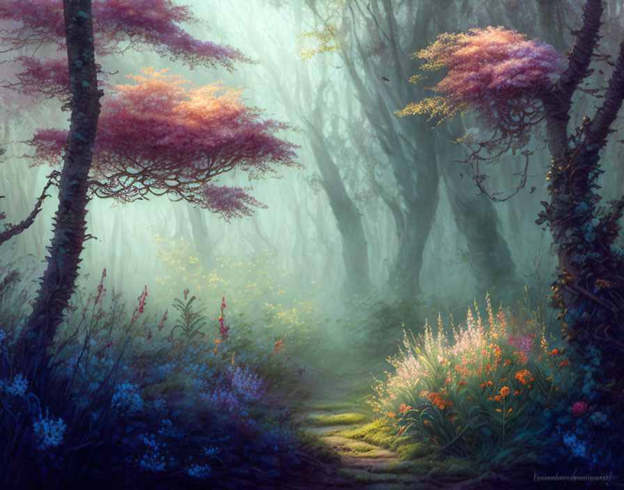 Ethereal forest path with pink flowering trees and wildflowers in soft light