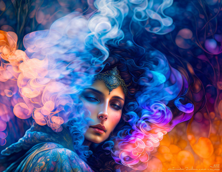 Fantastical portrait of woman in swirling blue and orange iridescent smoke