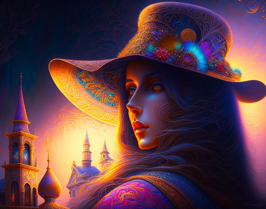 Colorful portrait of woman in decorative hat with castle background