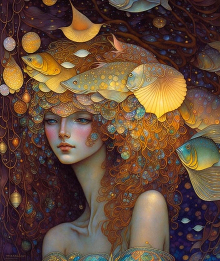 Ethereal woman adorned with fish-like patterns in a golden fish and bubble scene