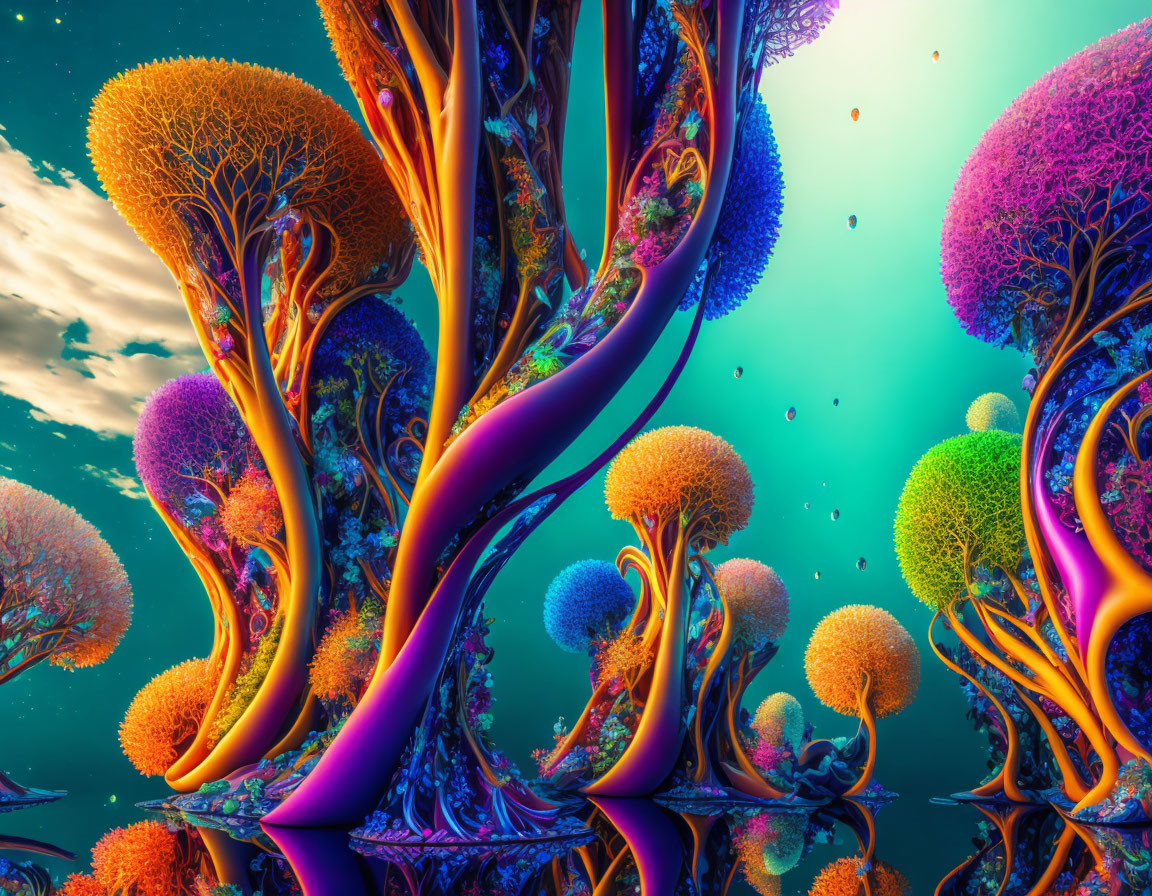 Colorful digital artwork featuring surreal tree-like structures in vibrant hues against a teal sky with wispy clouds