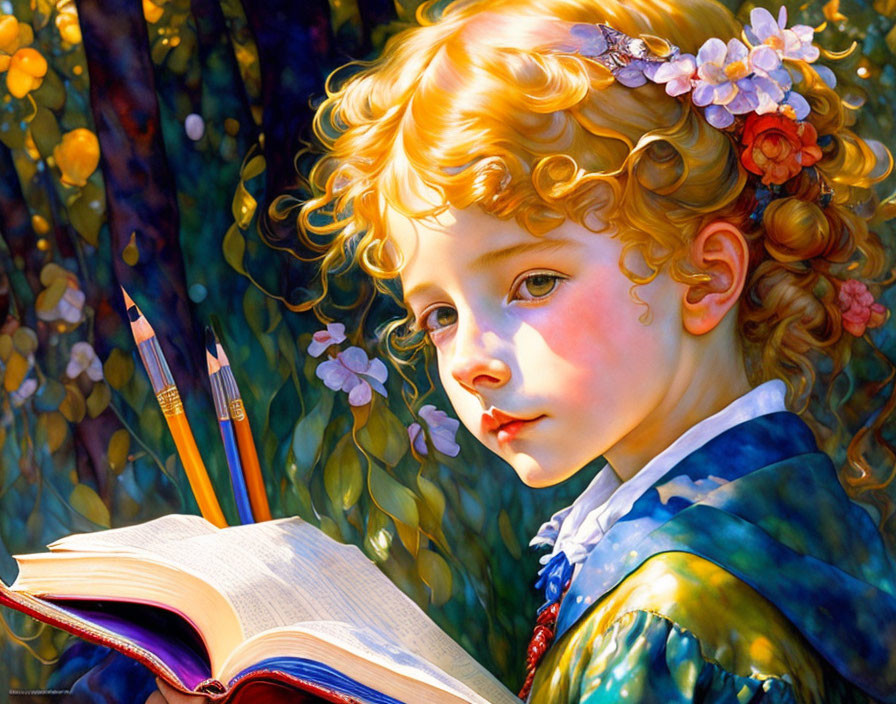 Young girl with curly hair reading book outdoors under trees