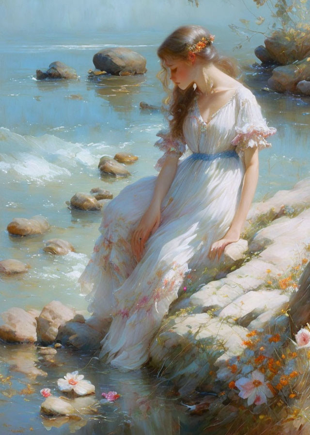 Woman in White Gown by Serene River with Flowers