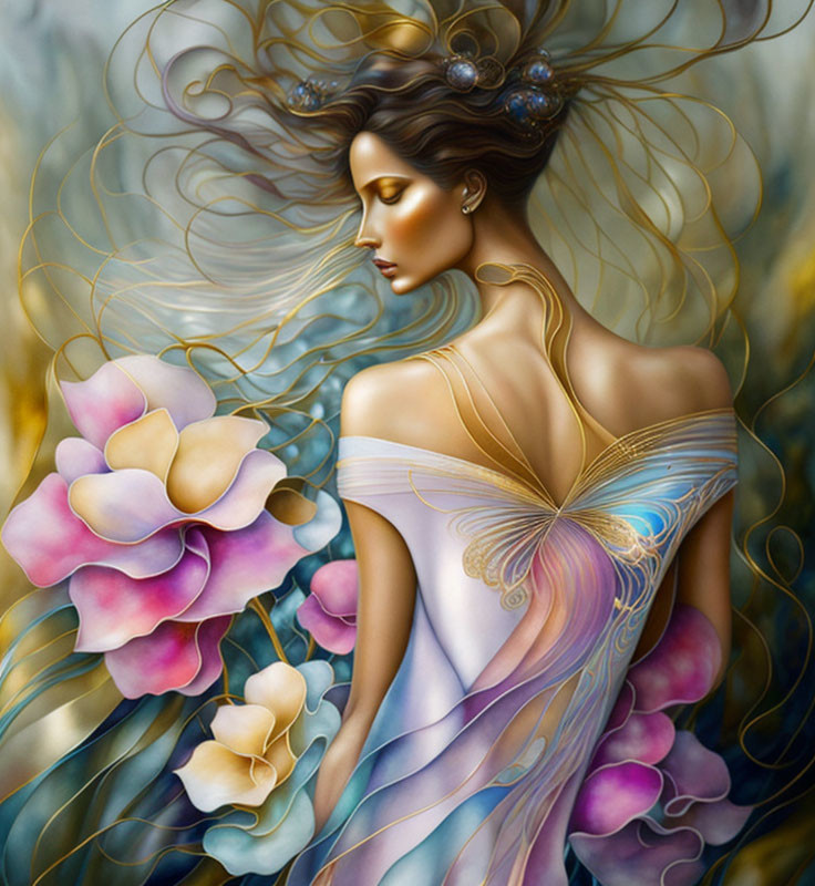 Fantastical painting of woman with flowing hair and butterfly dress in pastel colors