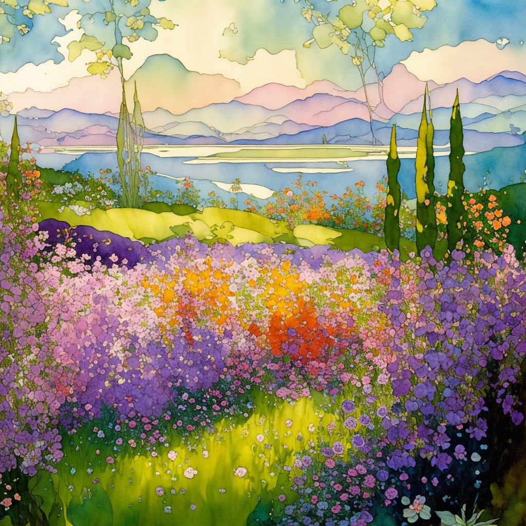 Colorful Watercolor Painting of Floral Landscape with Mountains