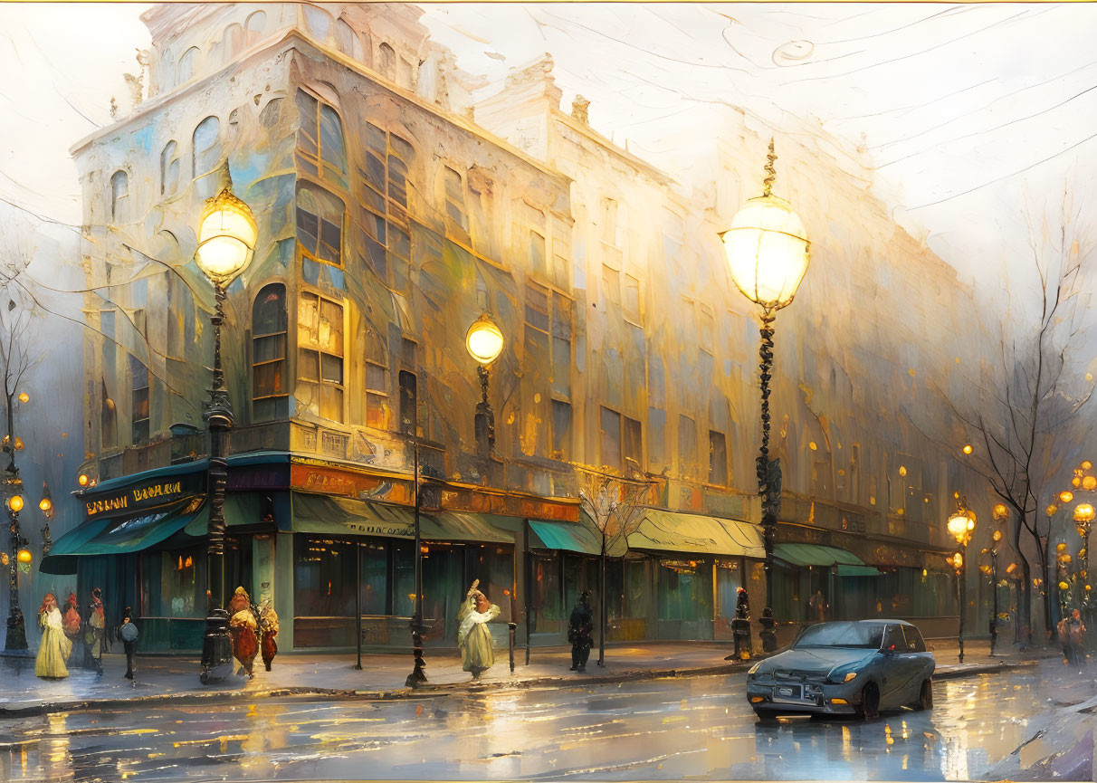 Vintage street lamps illuminate city scene at dusk with pedestrians, car on wet street, and corner building.