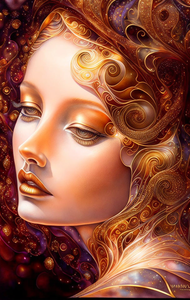 Stylized portrait of woman with golden ornate patterns on cosmic background