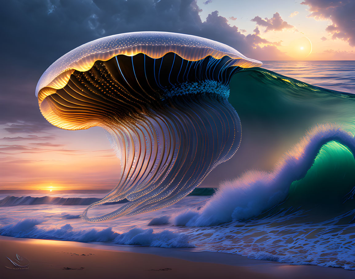 Surreal jellyfish and ocean waves under sunset light