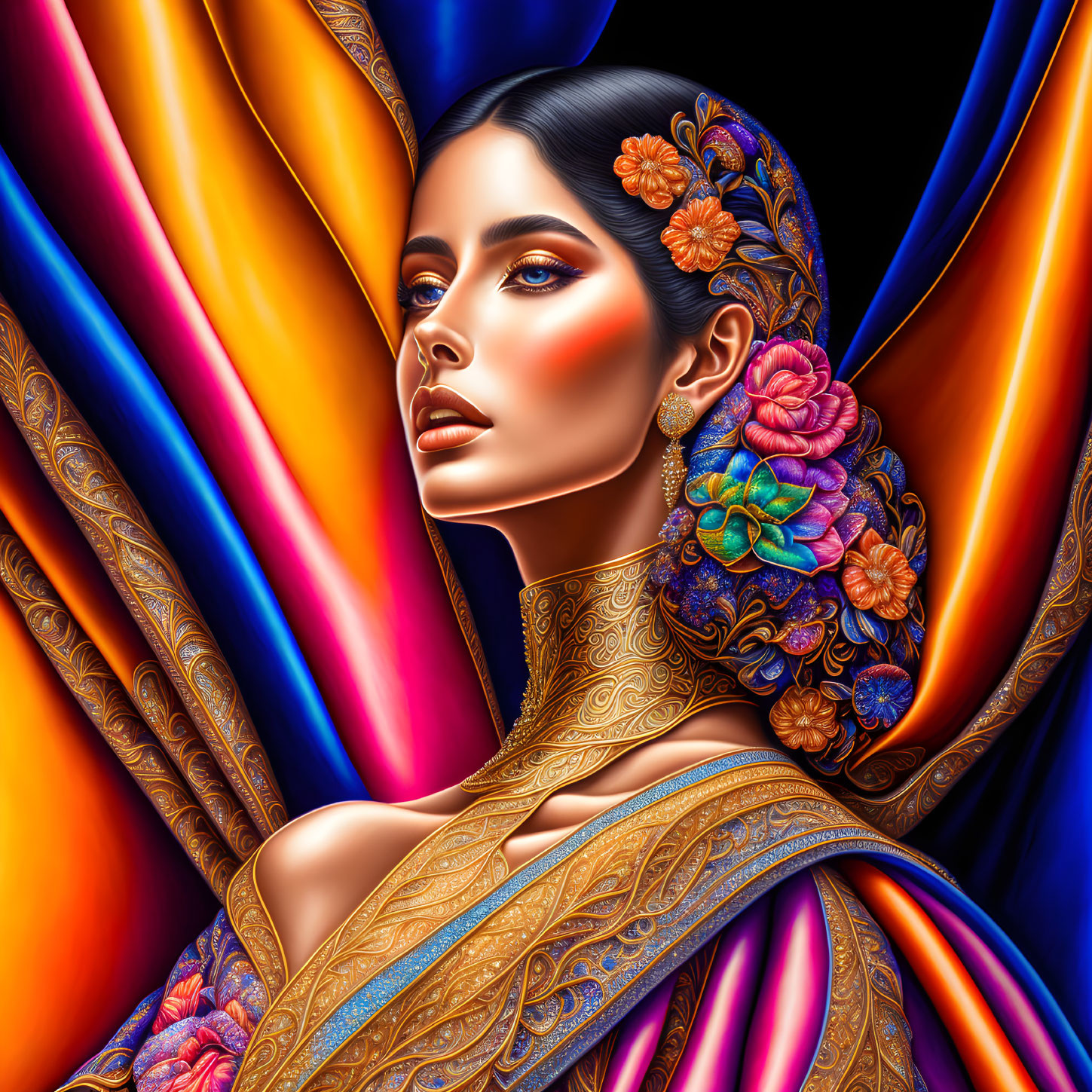 Digital Artwork: Woman with Elaborate Flower-Adorned Hair in Golden Outfit