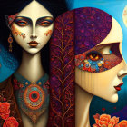Colorful artwork of two stylized female profiles with intricate patterns, butterflies, and floral motifs.