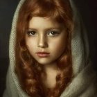 Portrait of Young Girl in Decorative Hooded Shawl with Melancholic Expression