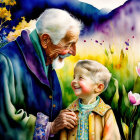 Elderly man smiling at young boy in sunny field with flowers