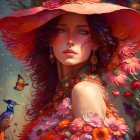 Portrait of a Woman Surrounded by Flowers and Wearing Hat and Jewelry