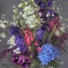 Watercolor painting of vibrant bouquet with white, yellow, pink, and purple flowers on dark background