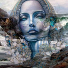 Ethereal artwork of serene woman with blue skin and intricate gold patterns