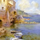 Tranquil coastal scene with boats and old stone buildings