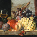 Classic Still-Life Painting with Vase, Fruits, Berries & Metal Jug