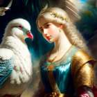 Regal woman with golden hair and leaf crown beside white pigeon in serene ambiance