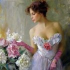 Fantastical painting of woman with flowing hair and butterfly dress in pastel colors