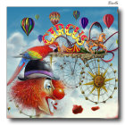 Colorful painting of person gazing at vibrant scene with hot air balloons and Ferris wheels in blue