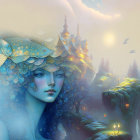 Surreal artwork: Woman with blue sea-like hair, fish, whimsical castle, white moon