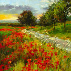 Colorful painting of rustic cottage in blooming field with poppies