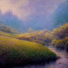 Tranquil landscape with meandering stream, lush green grass, stones, trees, and pastel