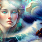 Woman portrait with sea elements and fish, mystical underwater scene