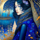 Colorful artwork of woman with blue skin in fantasy landscape