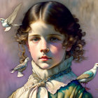 Vintage-style painting of child with curly hair and doves