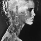 Monochromatic female portrait with cityscape and mechanical elements fusion