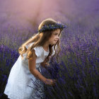 Young girl in fancy dress watches magical train in whimsical kingdom at dusk