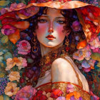 Woman in Floral Hat and Dress Surrounded by Flowers