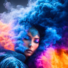 Fantastical portrait of woman in swirling blue and orange iridescent smoke
